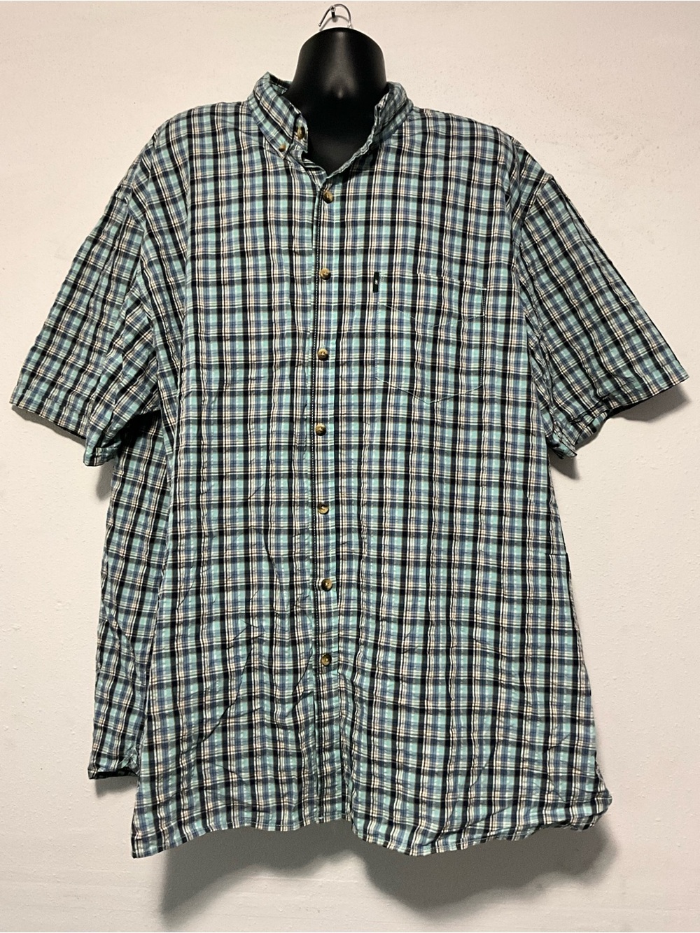 GH Bass Plaid Button Down Shirt Blue Teal Grid 3XLT Short Sleeve Mens Big Tall